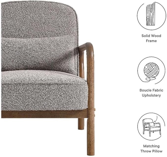 Modway Charlie Boucle Upholstered Wood Accent Armchair in Taupe – Mid-Century Modern Chair with Cushion – Cozy Reading Chair with Solid Wood Frame – Fabric Upholstered Armchair for Living Room