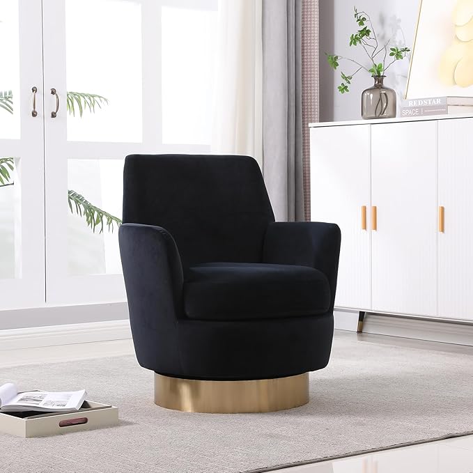 360° Swivel Barrel Accent Chair Comfy Round Accent Chairs with Gold Iron Base &amp Dual-Layer Cushion Modern Lounge Reading Armchair Upholstered Sofa Chair for Living Room Bedroom(Velvet Black)