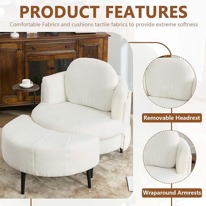 42.5 Single Sofa Chair Chaise Lounge with Movable Cresent-Shaped Footstool Removable Headrest &amp Wraparound Armrests One-Piece Side Table for Small Living Room (White)