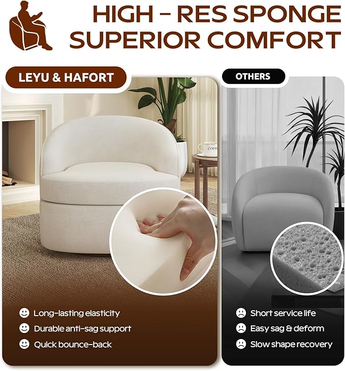 Leyu&ampHafort Modern Beige Swivel Accent Chair with Removable Foam Seat Cushion Linen Upholstered Comfty Sofa for Living Room and Bedroom Reading FSC Certified Solid Wood Base. (Cream Beige)