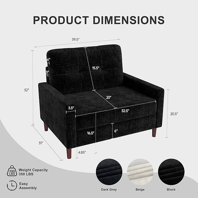 Accent Chair for Living Room Oversized 39.5 Chenille Fabric Armchair Mid Century Modern Single Sofa Chair Comfy Reading Chair for Bedroom Apartment Waiting Room (Black 2 Pack)