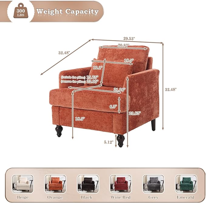 KINFFICT Modern Accent Chair for Living Room Upholstered Single Sofa Chair with Lumbar Pillow Comfy Armchair with Thickened Cushion Living Room Chairs for Bedroom Office Orange Chenille