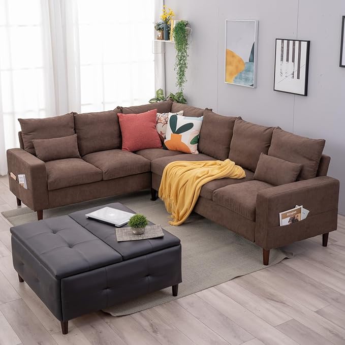 Panana 6 Seats Linen Fabric Large SECTIONAL Corner Sofa Settee - Sofa for Living Room-Left/Right-Hand Side Sofas Brown