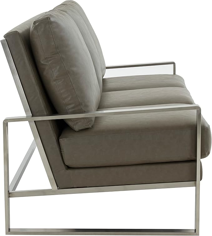 LeisureMod Jefferson Modern Leather 3-Seater Sofa with Silver Frame – Luxury Contemporary Living Room Couch Plush Upholstered Mid-Century Style Comfortable Lounge Seating (Grey) | MODERN SLED BASE
