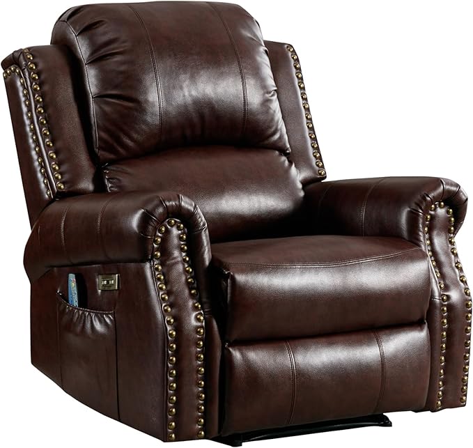 ANJ Large Power Recliner Chair with Heat and Massage Faux Leather Electric Overstuffed Wide Recliners for Living Room Classic Single Seat Sofa with Brass Rivets USB Port (Brown)