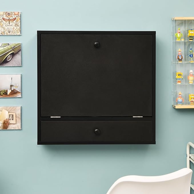 Wall Mounted Desk Floating Laptop Computer Desk Folding Wall Table with Storage Drawer and Shelves Space Saving Hanging Drop Leaf Table for Small Spaces (Black)
