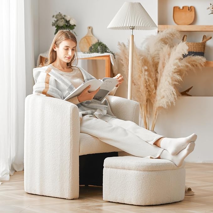 COLAMY Upholstered Sherpa Barrel Accent Chair with Storage Ottoman Morden Living Room Side Chair Single Sofa Armchair with Lounge Seat for Bedroom/Office/Reading Spaces Cream