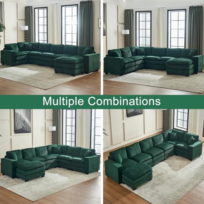 Modern U Shaped 6-seat Sectional Sofa Couch with one Ottoman and Three toss PillowsModular Sofa for Living RoomCorduroy Sofa (GreenCorduroy-7 Seat)