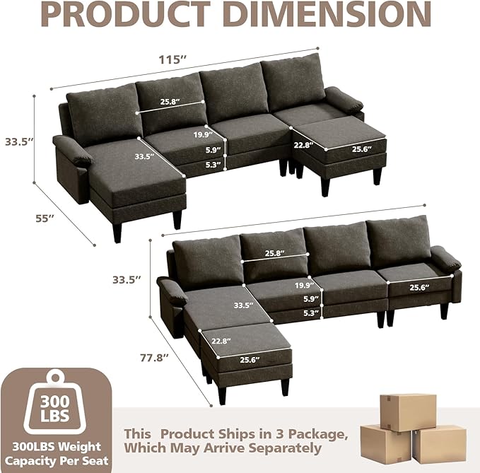115 Modular Sectional Sofa U Shaped Sectional Comfy Couch for Living Room Convertible Modular Sofa Couch with Ottomans and Chaise High Supportive &amp Soft Sponge 6 Seats Brown
