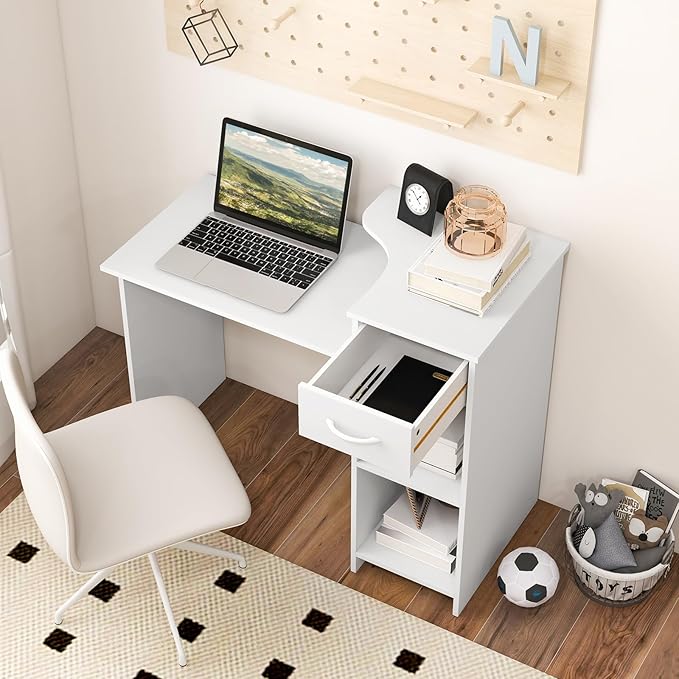 COSTWAY Computer Desk with Printer Shelf Modern PC Workstation with Storage Drawer and CPU Stand 40.5” Writing Desk with Cable Hole for Home Office/Dorms/Apartments White