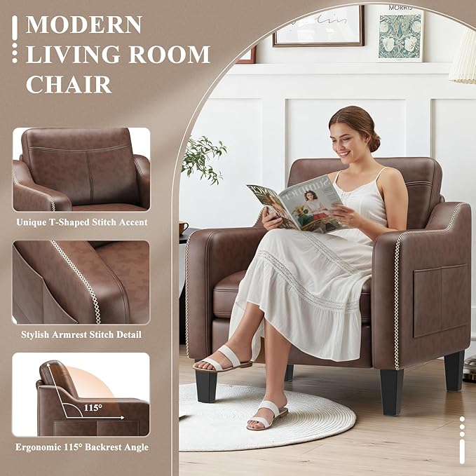 PU Leather Accent Chair Mid-Century Modern Living Room Armchair Sofa with Removable Cushions Solid Wood Frame &amp Stitched Armrest Design Bedroom Chair with Plastic Legs Chocolate Brown