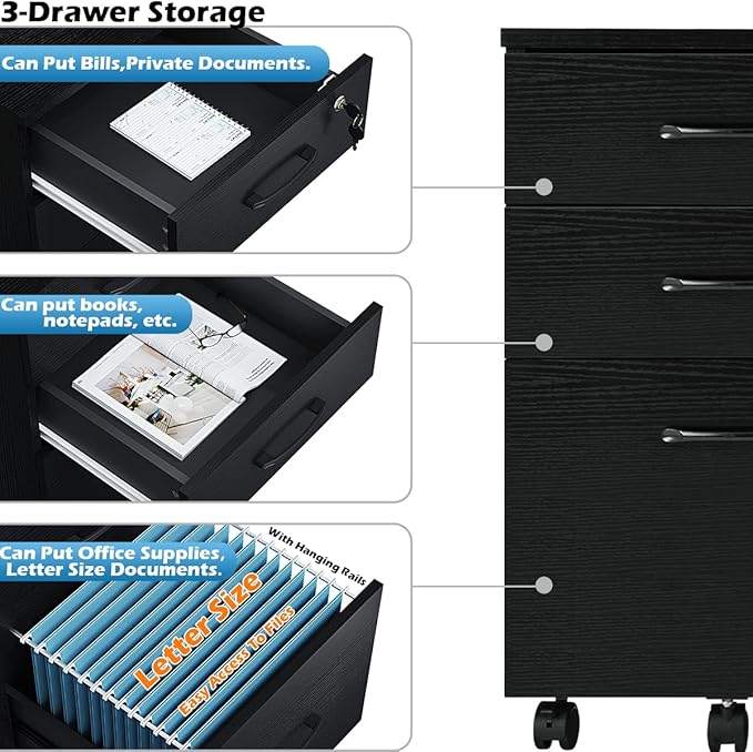 Panana 3 Drawer Wood Mobile File Cabinet Under Desk Storage Drawers Small File Cabinet for Home Office (Black)