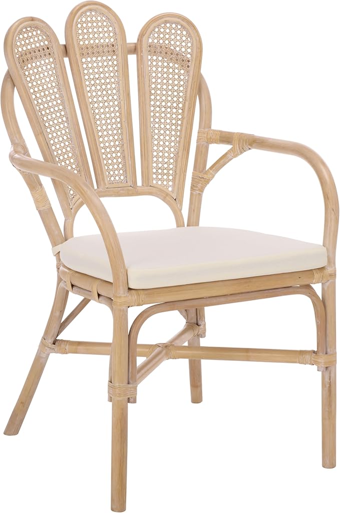 SAFAVIEH Home Collection – Maki White Washed Rattan Arm Chair with Ivory Seat Cushion Curved Scalloped Back Design Fully Assembled (ACH4904A)