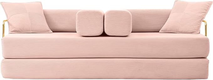 4-in-1 Folding Convertible Floor Sofa Bed 78 Oversized Compression Sofa No Assembly Required King Futon Lazy Couch Corduroy Loveseat Sleeper with Pull Out Bed Modular Futon Couch (Pink)