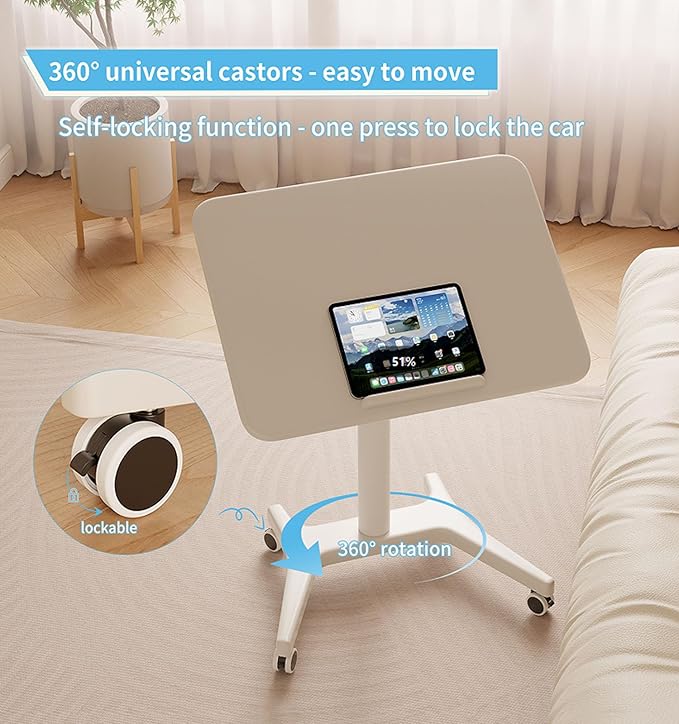 Soild Wood Mobile Folding Standing DeskHeight Adjustable Rolling Laptop TableSpace-Saving Portable Sit-Stand Desk 90° Tiltable Desktop PC Table with Wheels Home Office and Bedroom