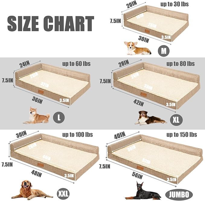 Patas Lague Orthopedic XL Dog Bed Large Sized Dog 48''X30'' Waterproof L Bolster Big Large Pet Sofa Beds with Removable Washable Cover Soft Comfortable Pet Couch Crate Mat with Nonskid Bottom Cream
