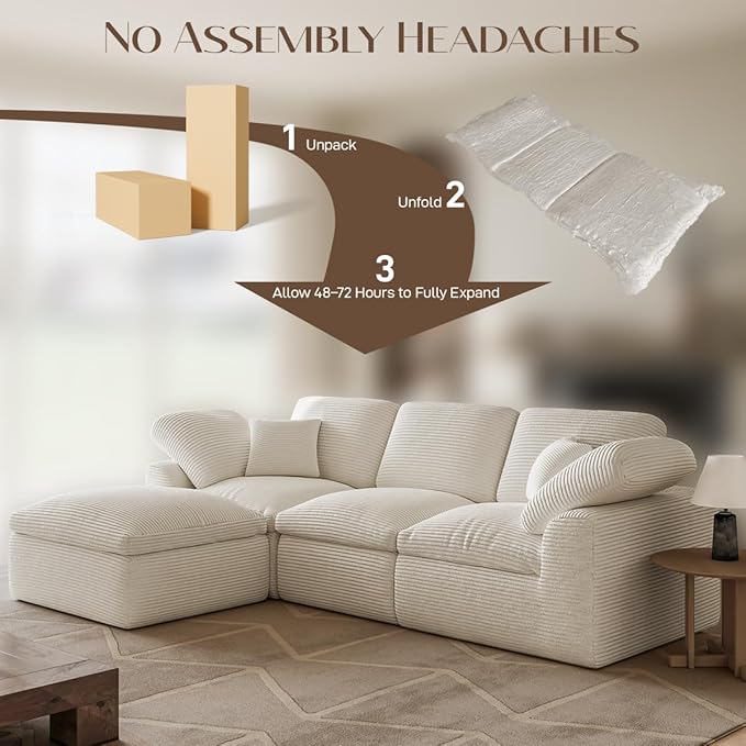 Cloud Sectional Couches for Living Room 4 Seater Cloud Modular Couch Boneless Comfy Sofa for Apartment L Shaped Corduroy Sectional Sofas with Ottoman Cream