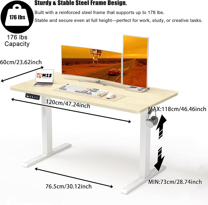MSZ Electric Standing Desk 48x24 Inch with Memory Presets Adjustable Height Sit to Stand Computer Desk for Home Office &amp Gaming (White)