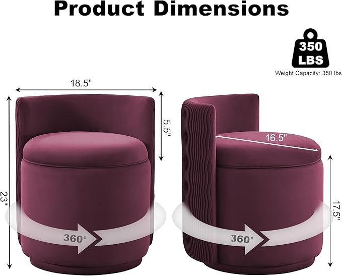 360° Swivel Velvet Vanity Chair with Storage Barrel Makeup Chair with Wave Back No Assembly Vanity Stool Small Accent Chair for Living Room Burgundy