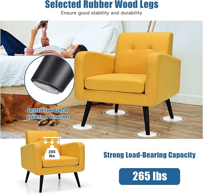 S AFSTAR Modern Upholstered Armchair Mid-Century Fabric Accent Chair with Rubber Wood Legs Leisure Lounge Chairs Living Room Furniture (2 Yellow)