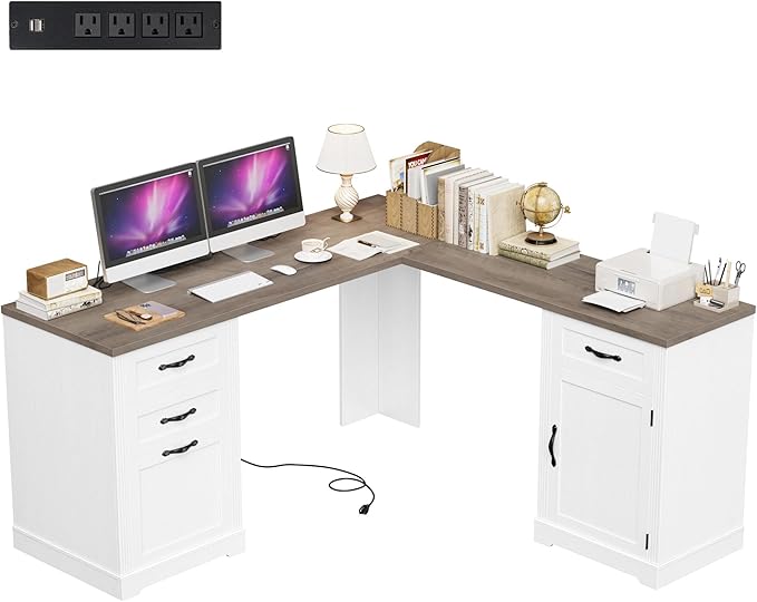 HIFIT Farmhouse Executive L Shaped Desk with Power Outlets 60 Corner Computer Desk with 3 Storage Drawers &amp 2 File Cabinets L Shaped Home Office Desk for Study White