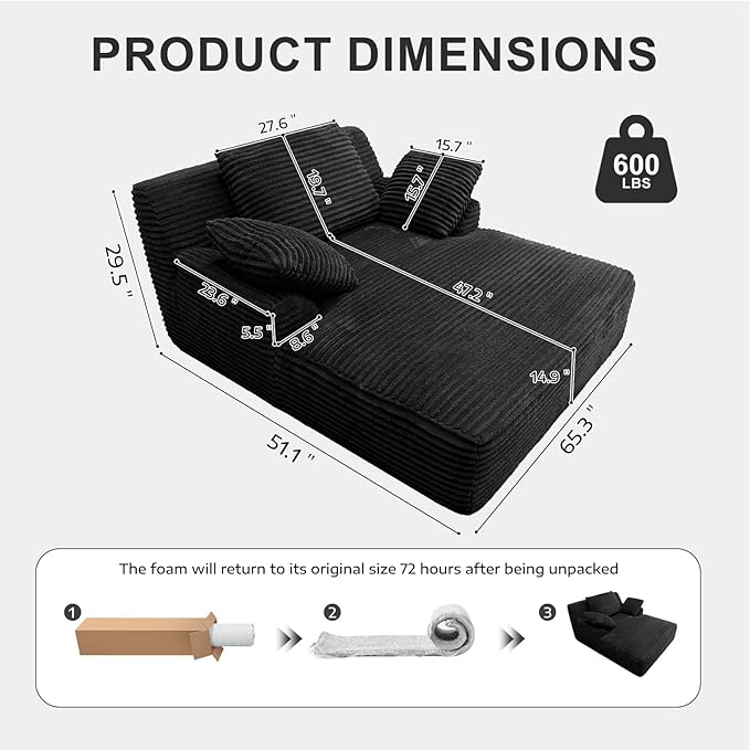 Oversized Chaise Lounge Chair Indoor Corduroy Upholstered Boneless Sofa Bed Deep Seat Sleeper Couch Reading Chairs Cloud Sofas for Living Room No Assembly Required (Black Single Size)