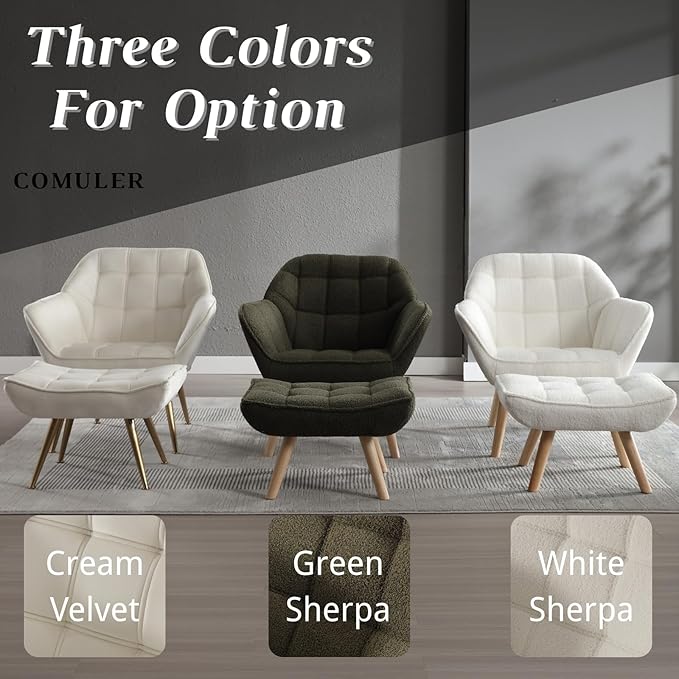 Beige Velvet Accent Chair with Ottoman Modern Reading Chair with Ottoman Set Comfy Fuzzy Armchair Living Room Chair Lounge Chairs with Metal Legs for Small Spaces Bedroom Apartment