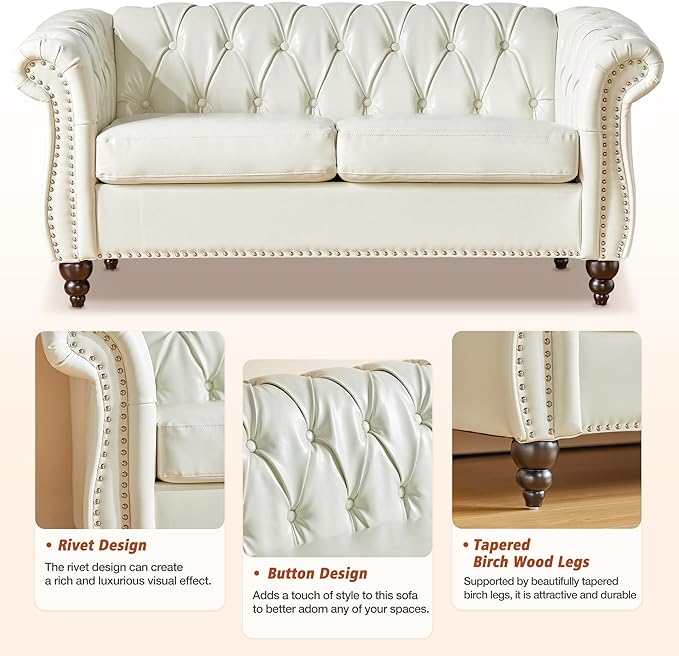 AVZEAR Chesterfield Loveseat Sofa Upholstered Sofa Modern Sofa Couches Set Style Button Tufted PU Chesterfield Sofa for Living Room Apartment PU White