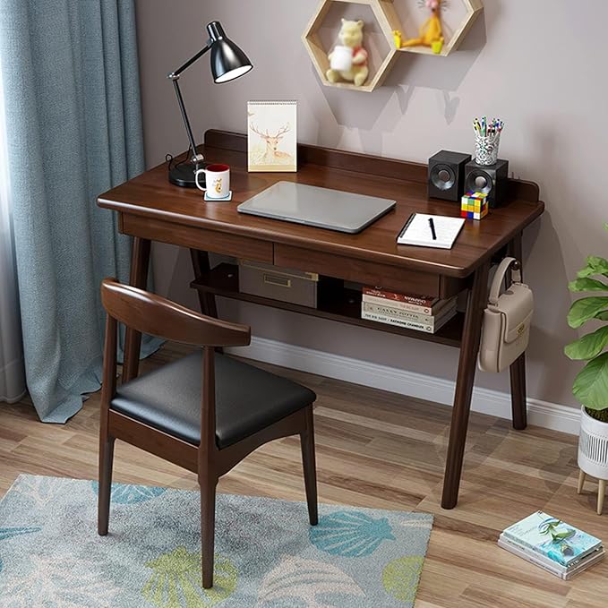 Solid Wood Writing Desk 47 Mid-Century Modern Walnut Desk Home Office Computer Desk with 2 Drawers and Storage Shelf Laptop Desk Study Table Work Desk Station