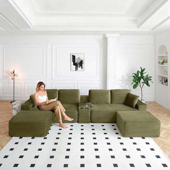 125 Oversized U-Shaped Cloud Sectional Couch 6-Seater Modular Sectional Sofa with USB Ports/Storge Console/Cup Holder Modern Deep Seat Corduroy Boneless Couch for Living Room No AssemblyGreen