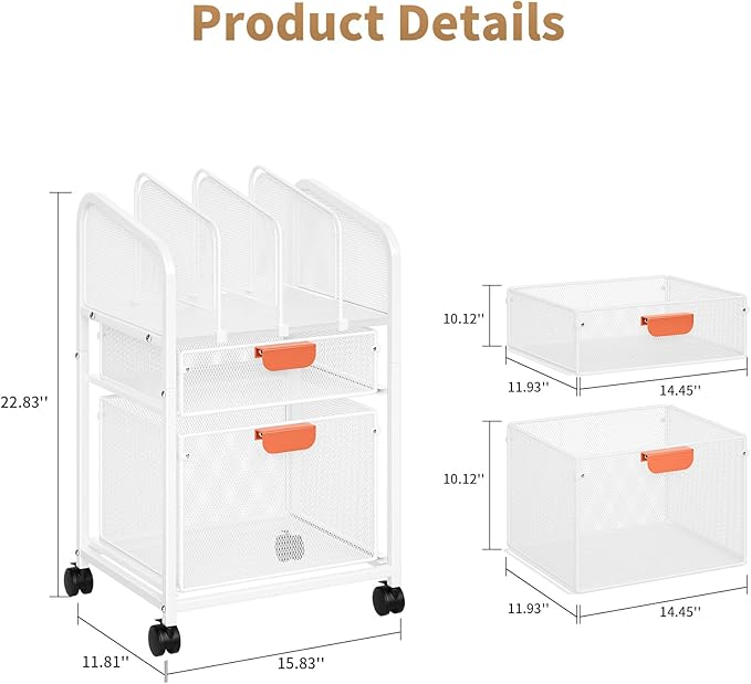 Marbrasse Rolling File Cart with Adjustable Dividers Mobile File Cabinet on Lockable Wheels Office Filing Cabinet Organizer Hanging File Folder Organizer for Home Office - White