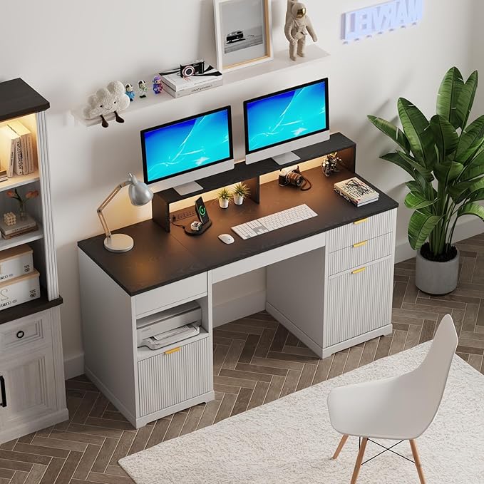 Fluted Desk with Drawers 63 Home Office Executive Desk with Lift Top Filing Cabinet Gaming Desk Charging Station Sensor Lights Computer Table with Monitor Stand White