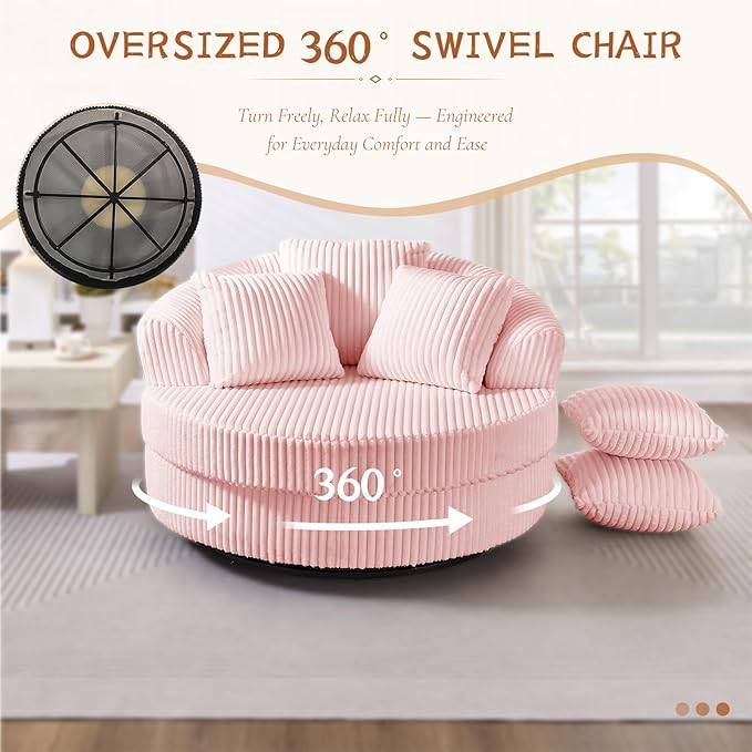 360 Degree Oversized Swivel Chair 50 Round Lounge Chair Modern Accent Circle Chair W/ 5 Pillows Upholstered Corduroy Sofa Chair for Living Room Bedroom Apartment Pink