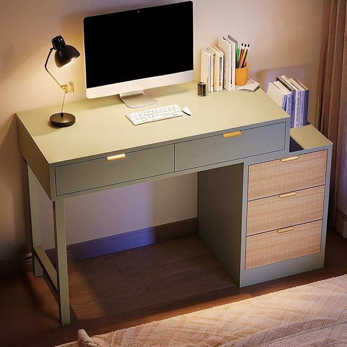 Tribesigns Computer Desk with 5 Drawers Reversible Small Writing Desk with Storage Modern Wooden Study Corner Table Workstation for Home Office Small Spaces Mint Green