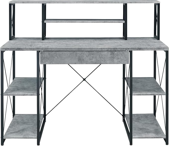 Penau Gray Finish Writing Desk Spacious Storage with Metal Frame Modern Design for Home Office Creative Studio Compartment Style