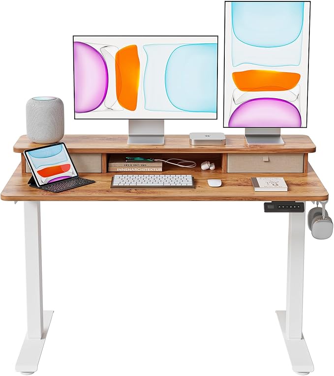 BANTI 48x24 Inch Electric Standing Desk with Dual Drawers Height Adjustable Stand Up Table Sit Stand Home Office Desk with Storage Shelf White Frame/Light Rustic Brown Top