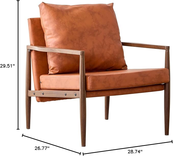 PU Leather Accent Arm Chair Mid Century Modern Upholstered Armchair with Imitation Solid Wood Walnut Color Metal Frame Extra-Thick Padded Backrest and Seat Cushion Sofa Chairs for Living Room