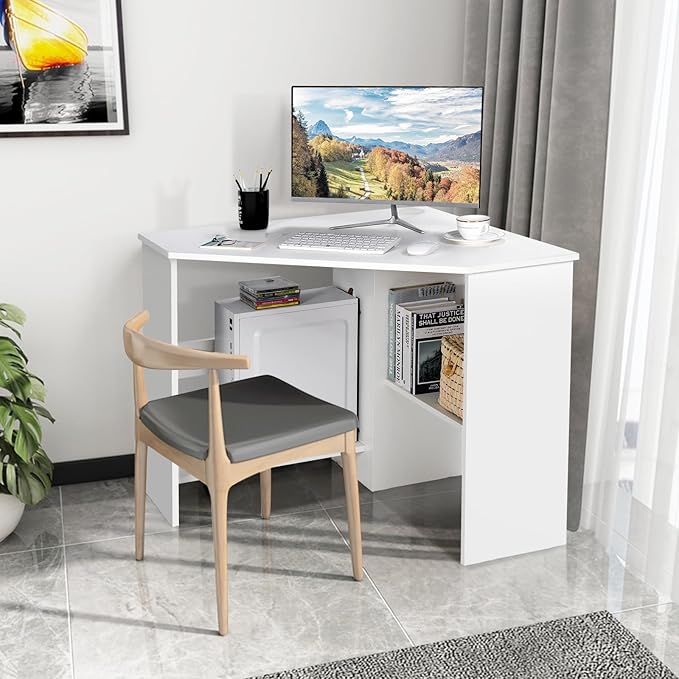 COSTWAY Corner Computer Desk Space-Saving Triangular Writing Desk w/ 2 Storage Shelves &amp 2 Cable Holes Multi-Functional Console Table for Small Space in Home Office Living Room Bedroom (White)