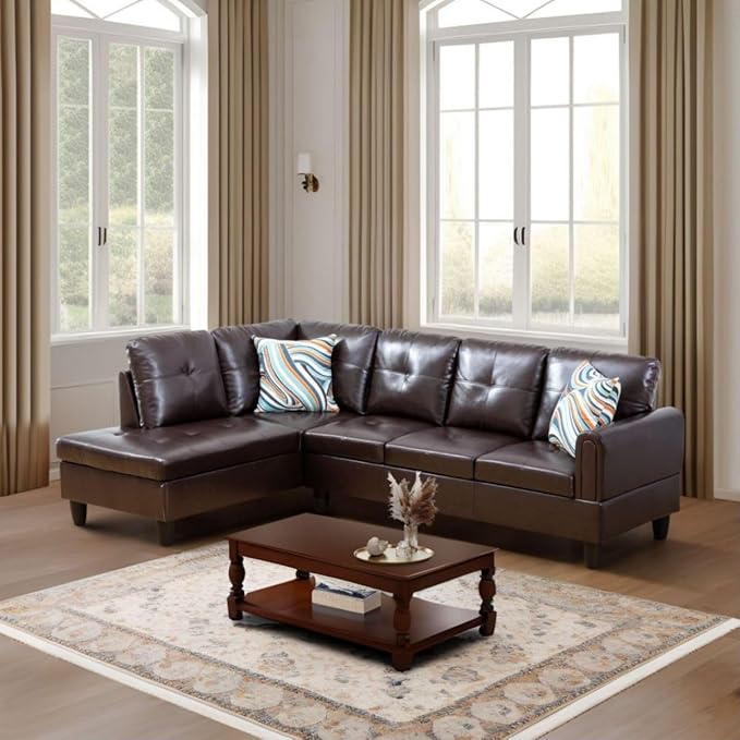 Brown L-Shaped 3-Piece Faux Leather Sofa with Storage Ottoman Set Sectional Couch Sofa Set for Living Room Office Small Space