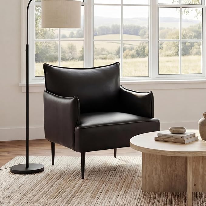 Black Accent Chair with Arms Modern PU Leather Living Room Chair with Metal Legs Upholstered Reading Chair Comfy Side Armchair for Reception Bedroom Small Spaces