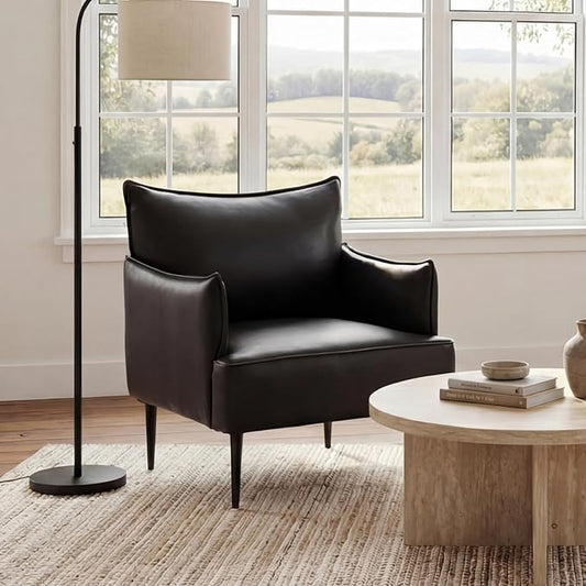 Black Accent Chair with Arms Modern PU Leather Living Room Chair with Metal Legs Upholstered Reading Chair Comfy Side Armchair for Reception Bedroom Small Spaces