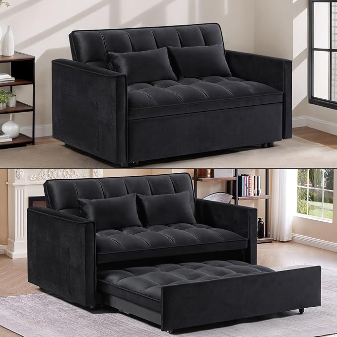 55 Convertible Full Size Sofa Bed 3 in 1 Velvet Sleeper Sofa with Pull-Out Bed Futon Couch with Adjustable Backrest and Side PocketModern Loveseat for Small SpacesLiving Room (Black)