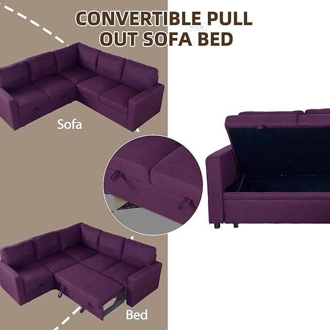 Sleeper Sofa Couch with Pull Out Bed L Shaped Couch Bed with Storage Sectional Sleep Couches Convertible Sleeper Sofa Beds W/Reversible Chaise&ampBack Cushion for Living Room Purple