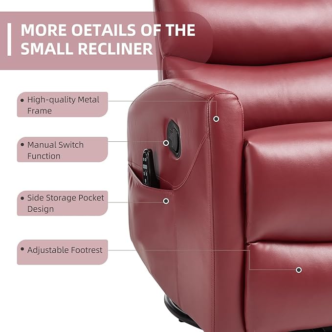 PELUMY 360° Swivel Rocker Recliner with Heat &amp Vibration Massage Glider Rocking Chair for Adults Compact Recliner for Living Room Small Spaces Nursery Bedroom (Breathable Leather Red)
