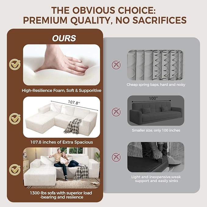 94 Modular Sectional Sofa Boneless Couches for Living Room L-Shape Sofa CouchesCloud Couch Sectional Comfy Corduroy Sofa with Deep Seat No Assembly Required (White 94+Left Facing Chaise)