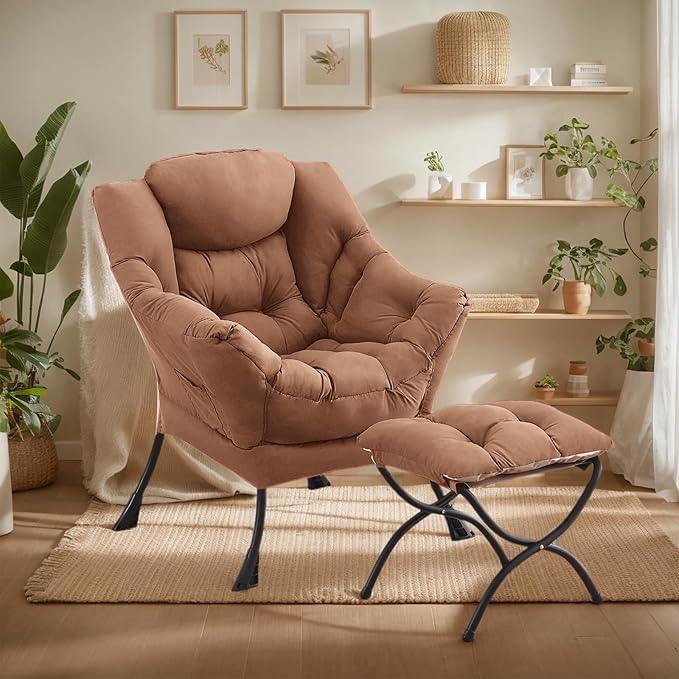 Lazy Chair with Ottoman Large Khaki Accent Chair with Ottoman Comfy Reading Armchair Leisure Sofa Chair for Living Room Bedroom Dorm Room Office