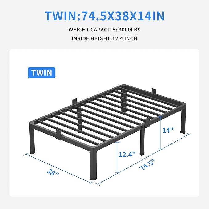 MAF 14 Inch Twin Metal Platform Bed Frame with Round Corner Legs 3000 LBS Heavy Duty Steel Slats Support Noise Free No Box Spring Needed Easy Assembly