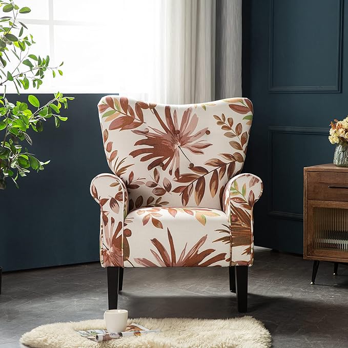 YOLENY Mid Century Wingback Arm ChairModern Upholstered Fabric High Back Accent Chair with Wood LegsUpholstered Single Sofa Club Chair for Living Room Bedroom Home OfficeRed Leaves