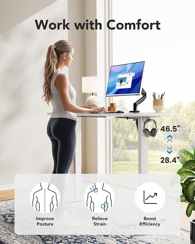 HUANUO Electric Standing Desk Whole Piece Desktop Adjustable Height Computer Desk 4 Height Memory Settings Sit Stand Up Desk for Home Office 55 x 27 White
