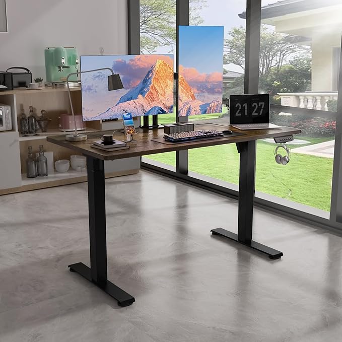 48 x 24 Electric Standing Desk Adjustable Height Sit Stand Desk with 3 Preset Heights &amp 2 Hook Electric Desk for Home Office Gaming Rustic Brown